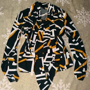 Geometric Print Tie-Neck Blouse in Black, White & Mustard